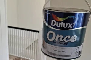 Tin of Dulux Once Satinwood paint.