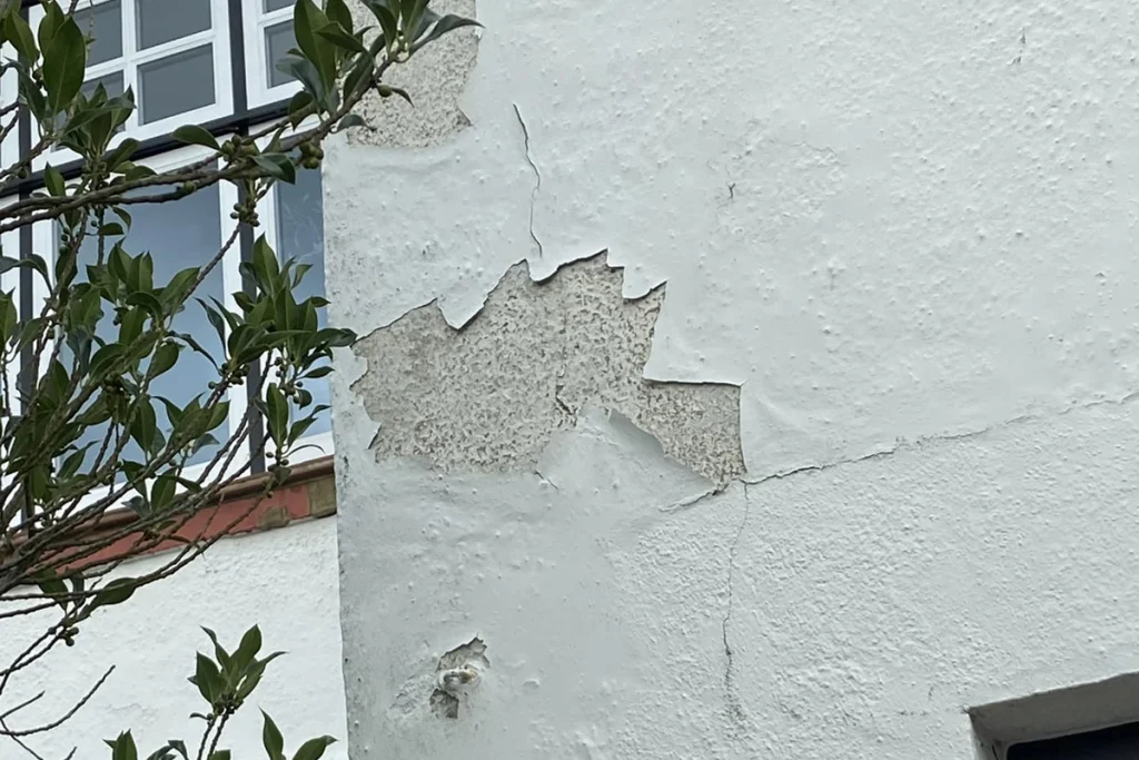 Flaking paint on an exterior wall.